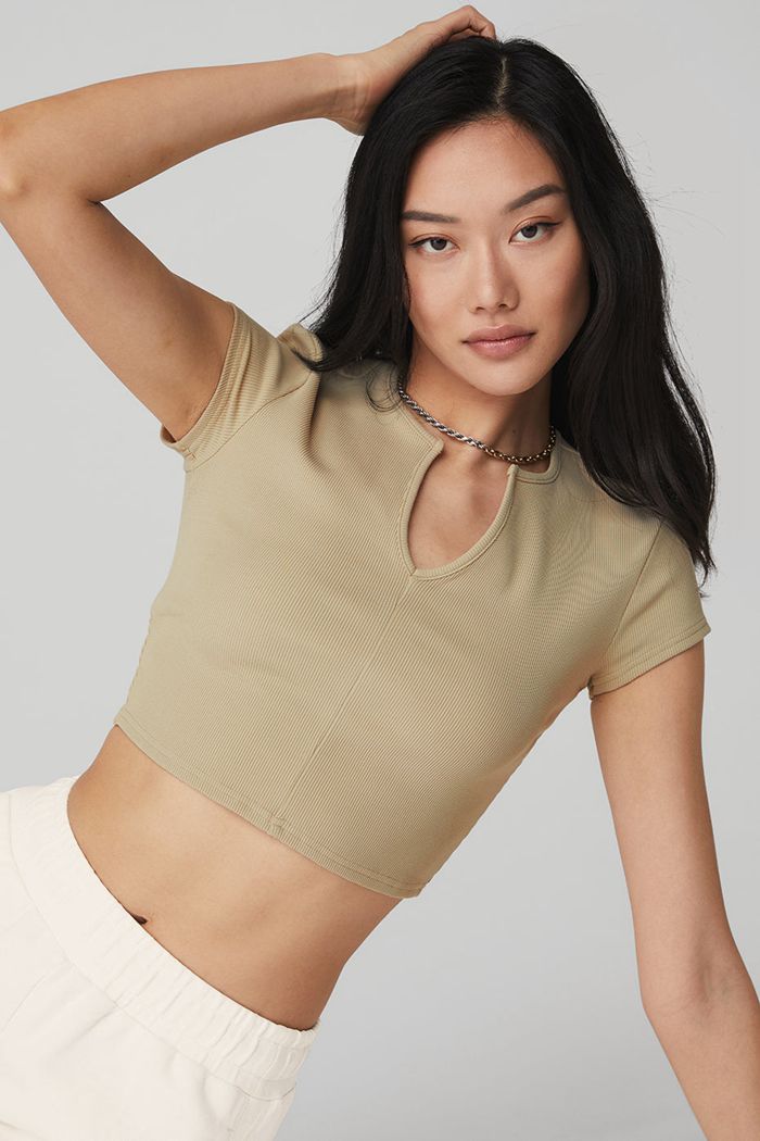 Alo Yoga Ribbed Cropped Savvy Women's Short Sleeve Brown | 96ZTJRLEX