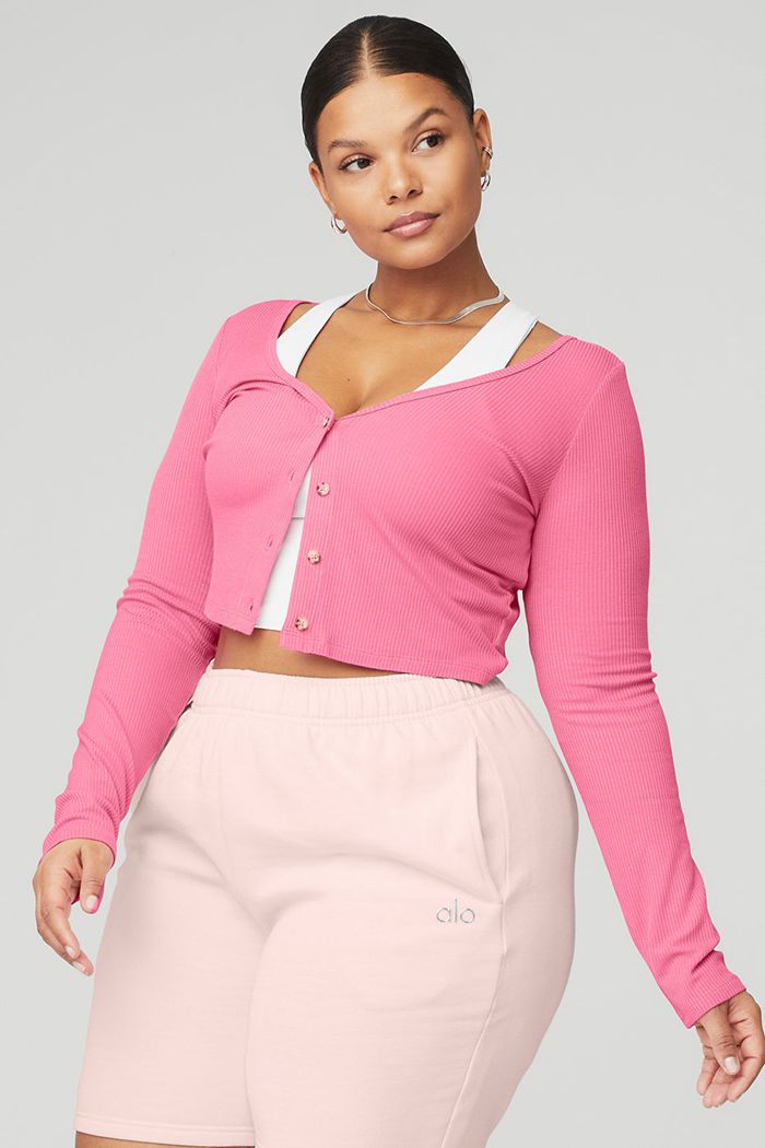 Alo Yoga Ribbed Cropped Whisper Women's Cardigan Pink Fuchsia | 50RQSDYBX