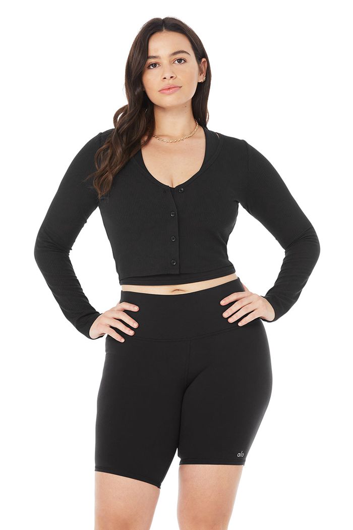 Alo Yoga Ribbed Cropped Whisper Women's Cardigan Black | 83GRMENHP