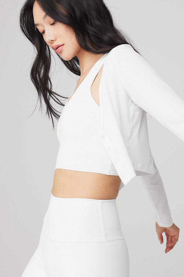 Alo Yoga Ribbed Cropped Whisper Women's Cardigan White | 90IMUPHTV