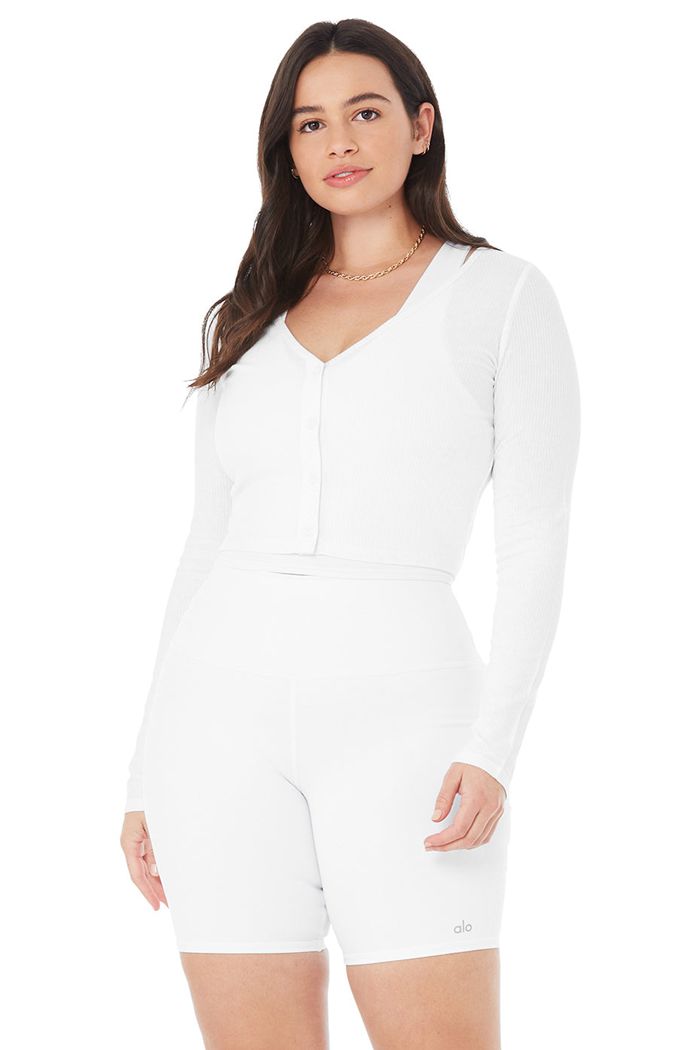 Alo Yoga Ribbed Cropped Whisper Women's Cardigan White | 90IMUPHTV