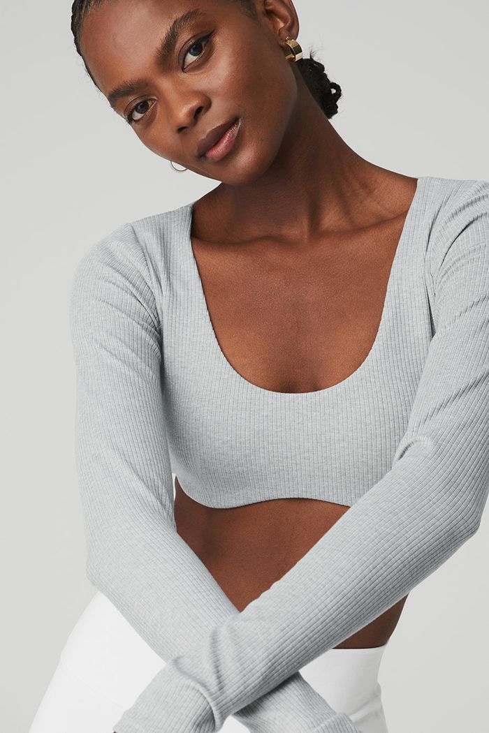 Alo Yoga Ribbed Defined Long Sleeve Women's Bras Grey | 36DOYGUIV