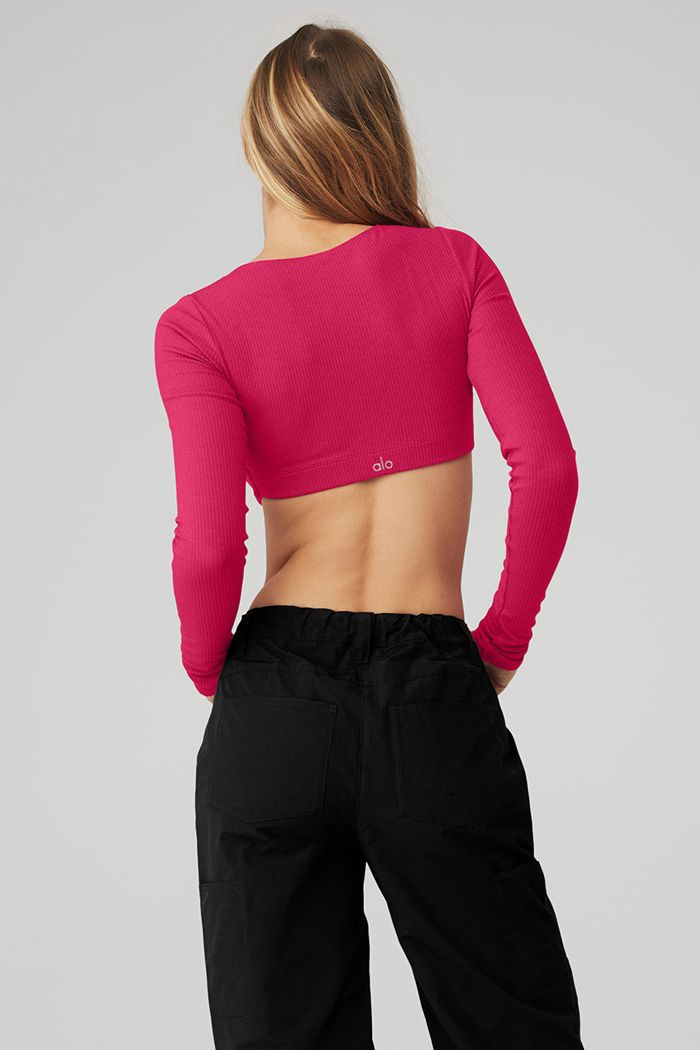 Alo Yoga Ribbed Defined Long Sleeve Women's Bras Red | 57ICQAVTD