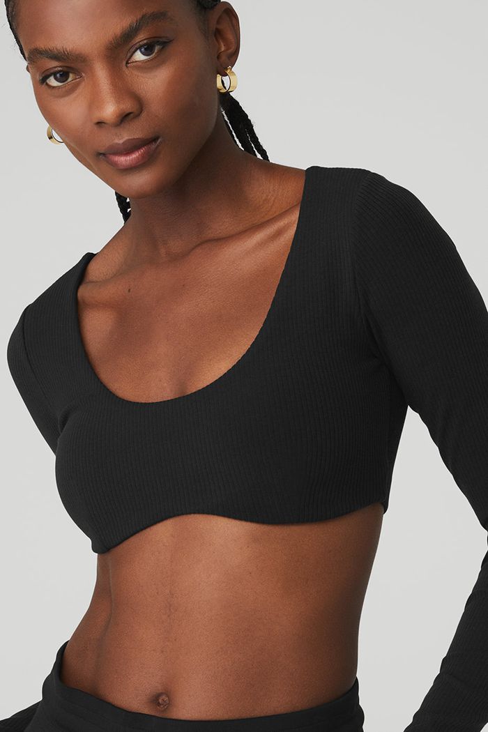 Alo Yoga Ribbed Defined Long Sleeve Women's Bras Black | 83DPOFMJN