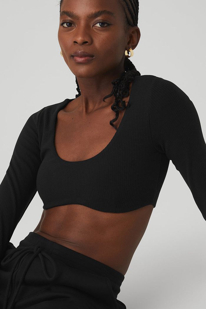 Alo Yoga Ribbed Defined Long Sleeve Women's Bras Black | 83DPOFMJN