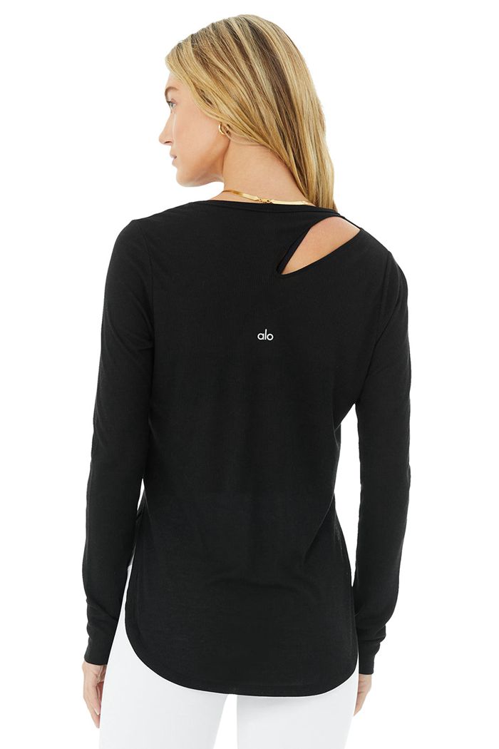 Alo Yoga Ribbed Peak Women's Long Sleeve Black | 29ZWECTOP