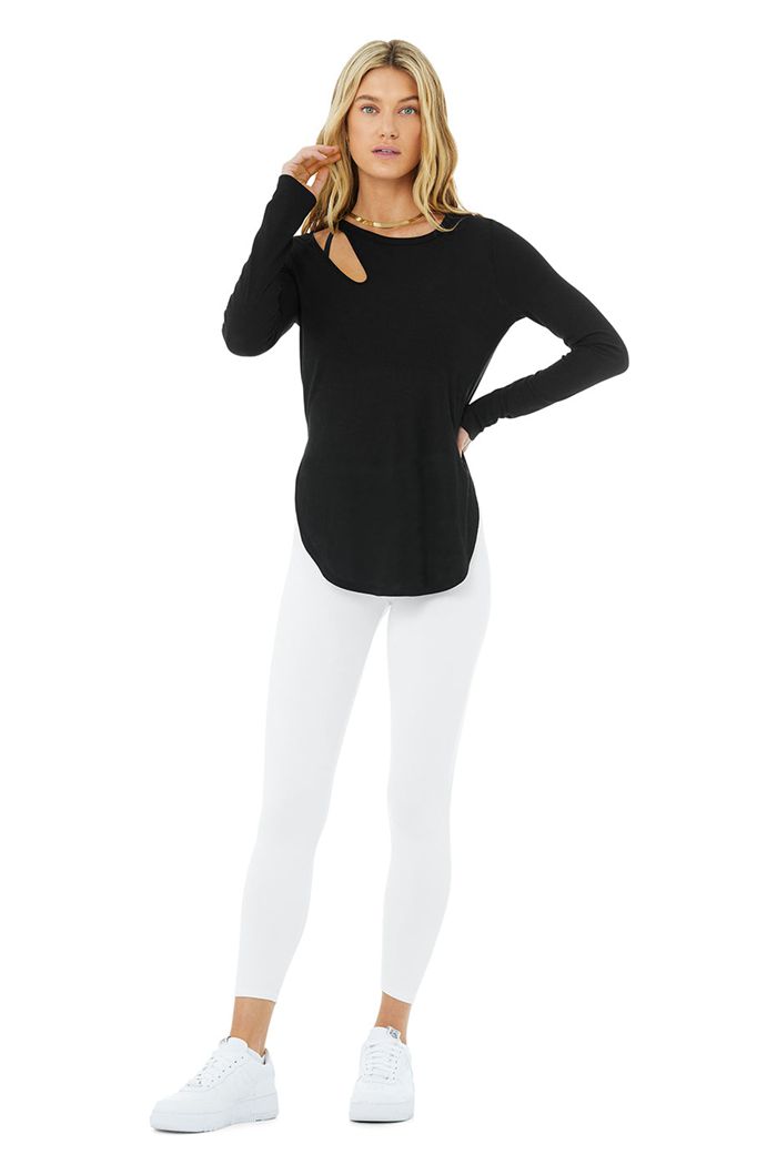 Alo Yoga Ribbed Peak Women's Long Sleeve Black | 29ZWECTOP