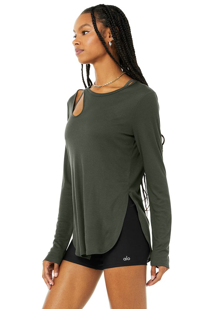 Alo Yoga Ribbed Peak Women's Long Sleeve Dark Green | 41PNIRLEV