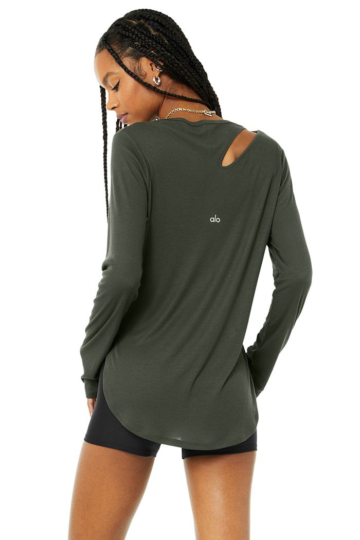 Alo Yoga Ribbed Peak Women's Long Sleeve Dark Green | 41PNIRLEV