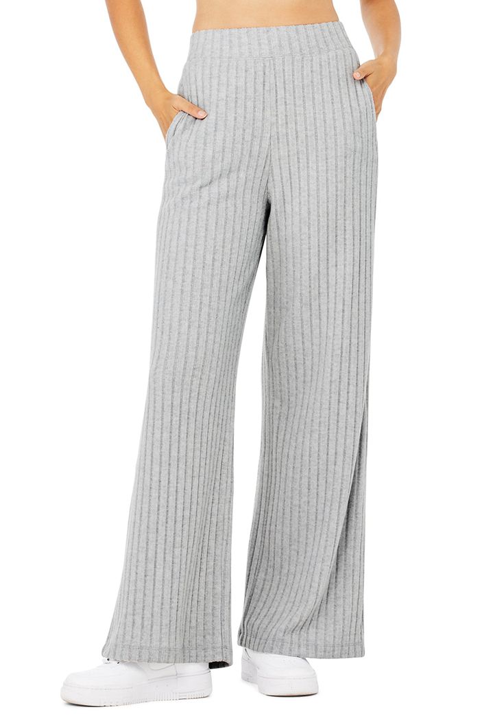 Alo Yoga Ribbed Take Comfort Wide Leg Women\'s Pants Grey | 84SXZNYAG