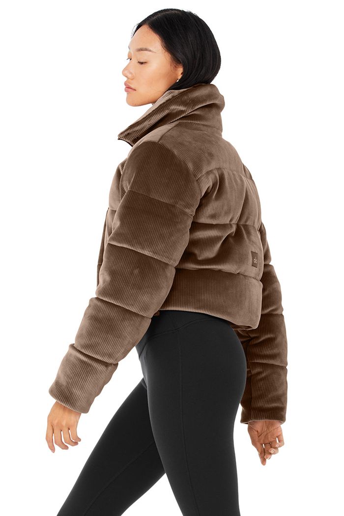 Alo Yoga Ribbed Velour Gold Rush Puffer Women's Jackets Brown | 34HCTOBUG