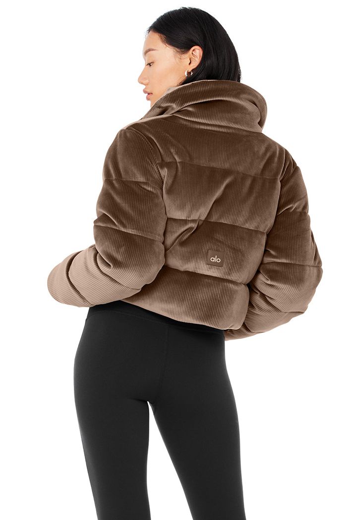 Alo Yoga Ribbed Velour Gold Rush Puffer Women's Jackets Brown | 34HCTOBUG