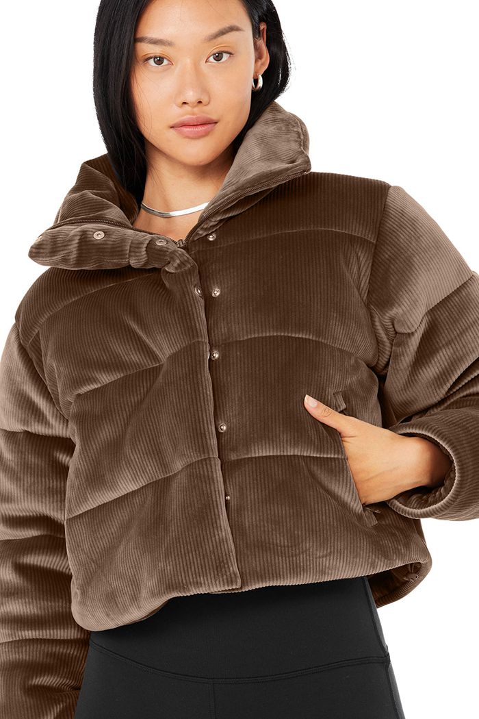 Alo Yoga Ribbed Velour Gold Rush Puffer Women's Jackets Brown | 34HCTOBUG