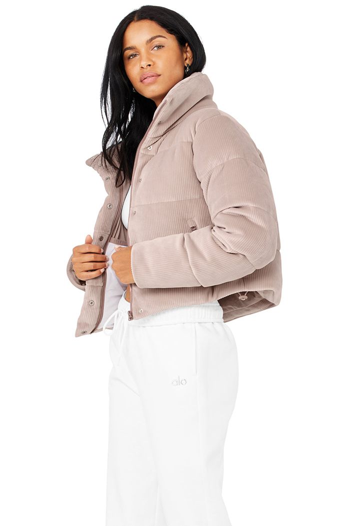 Alo Yoga Ribbed Velour Gold Rush Puffer Women's Jackets Pink | 58WXQHCUO