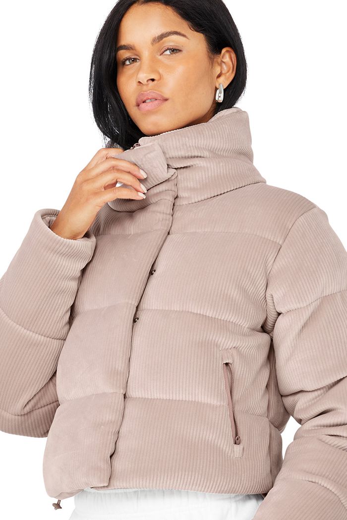 Alo Yoga Ribbed Velour Gold Rush Puffer Women's Jackets Pink | 58WXQHCUO