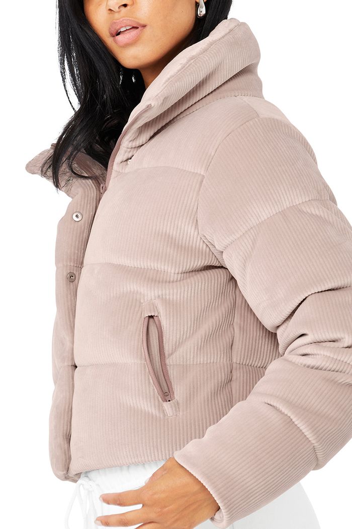 Alo Yoga Ribbed Velour Gold Rush Puffer Women's Jackets Pink | 58WXQHCUO