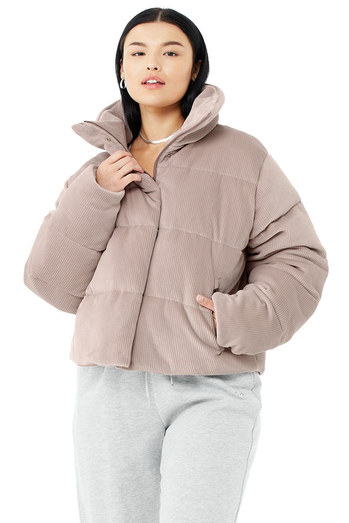 Alo Yoga Ribbed Velour Gold Rush Puffer Women's Jackets Pink | 58WXQHCUO