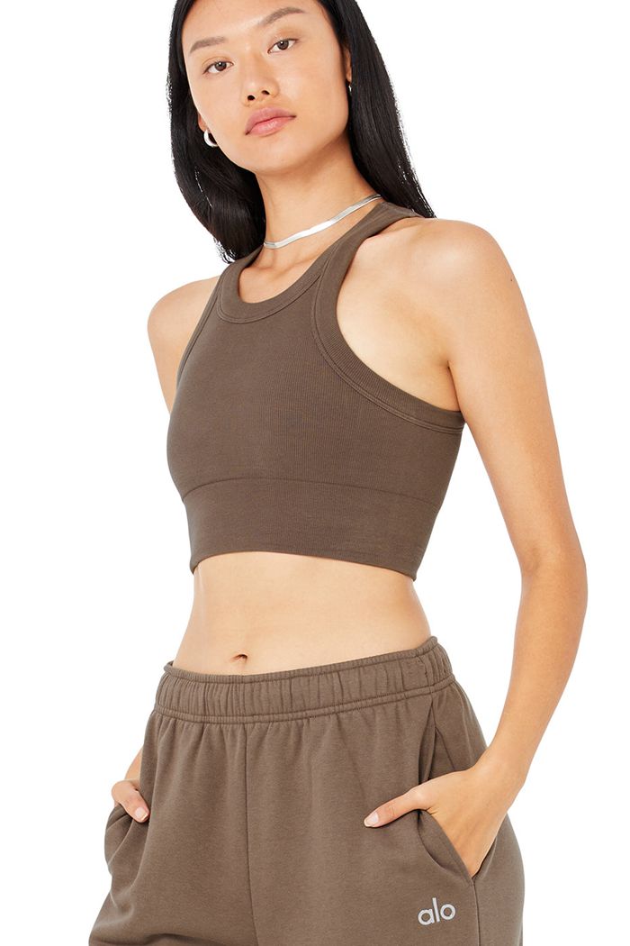 Alo Yoga Seamless Delight High Neck Women's Bras Brown | 74BJHVPRE