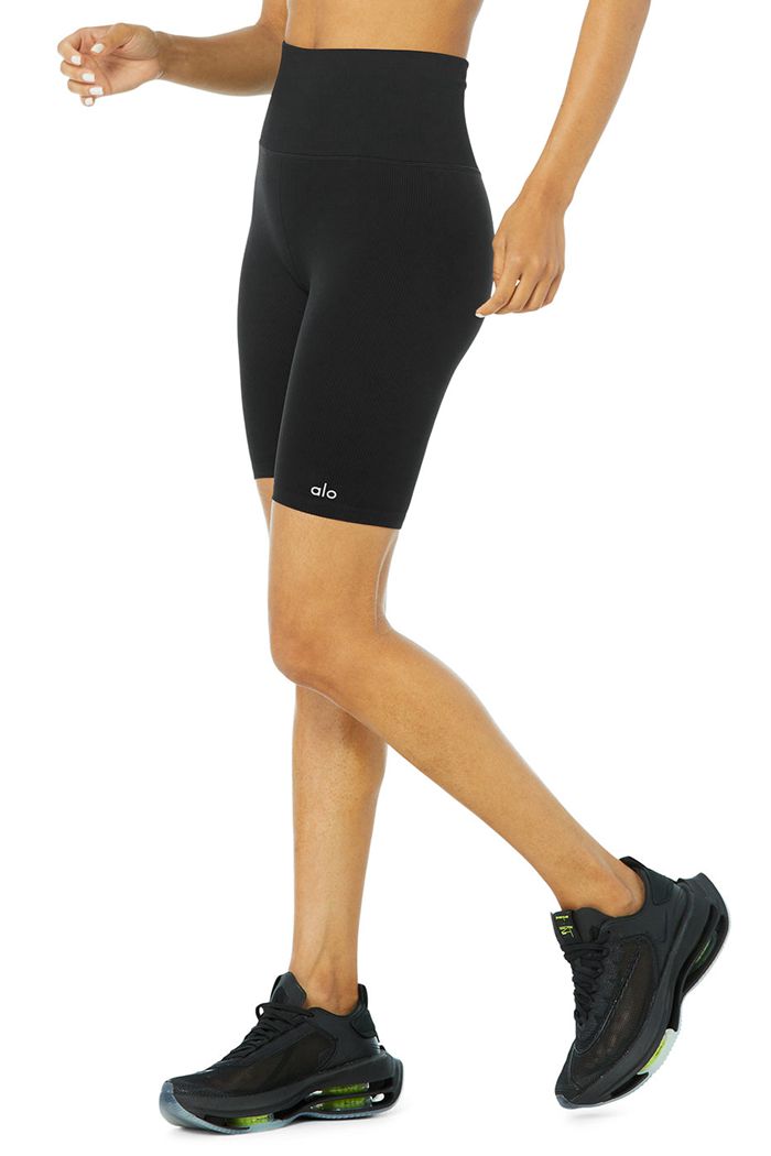 Alo Yoga Seamless High-Waist Ribbed Biker Women's Short Black | 17ICDXYKR