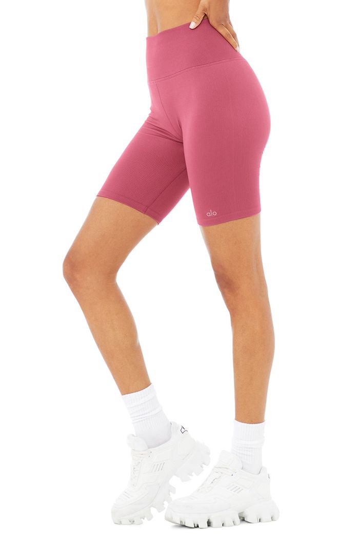 Alo Yoga Seamless High-Waist Ribbed Biker Women's Short Purple | 67NRLMCUG