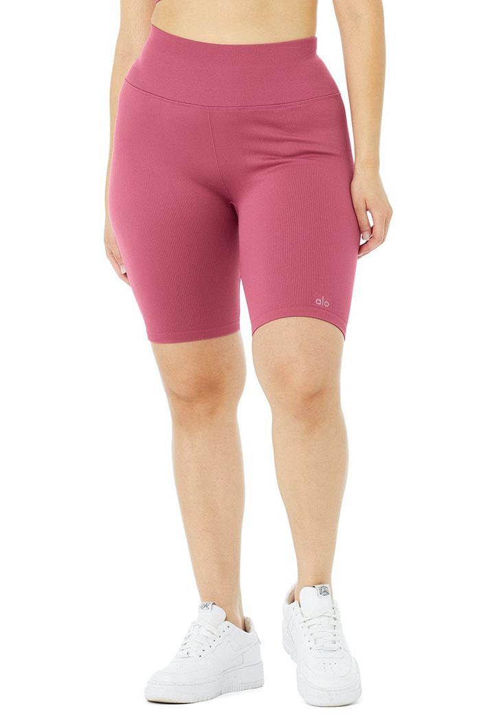 Alo Yoga Seamless High-Waist Ribbed Biker Women's Short Purple | 67NRLMCUG