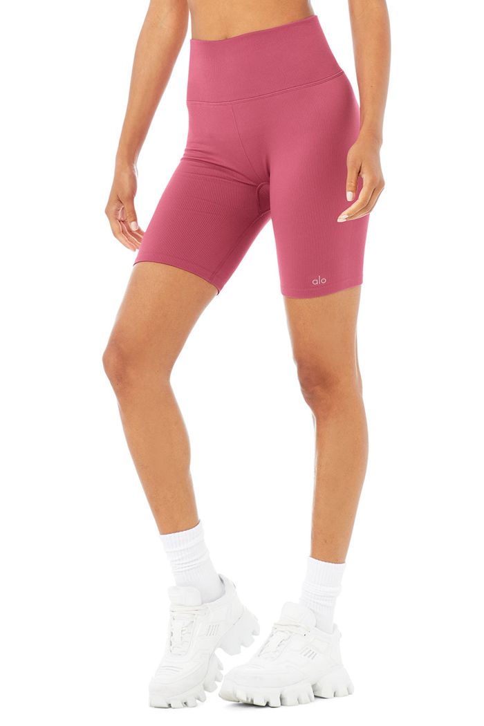 Alo Yoga Seamless High-Waist Ribbed Biker Women\'s Short Purple | 67NRLMCUG