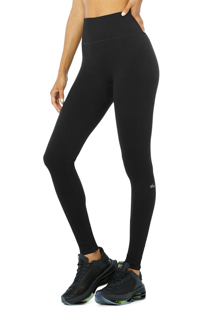 Alo Yoga Seamless High-Waist Ribbed Women's Leggings Black | 02PAHKXBQ