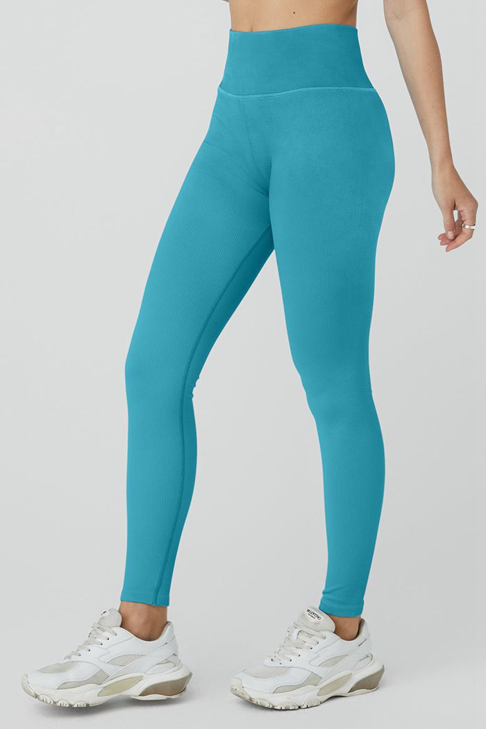 Alo Yoga Seamless High-Waist Ribbed Women's Leggings Blue | 19EQDRIOF