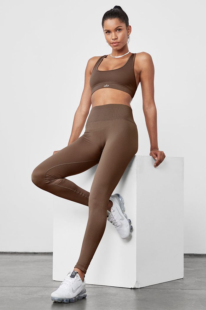 Alo Yoga Seamless High-Waist Ribbed Women's Leggings Brown | 19VYJKPIW