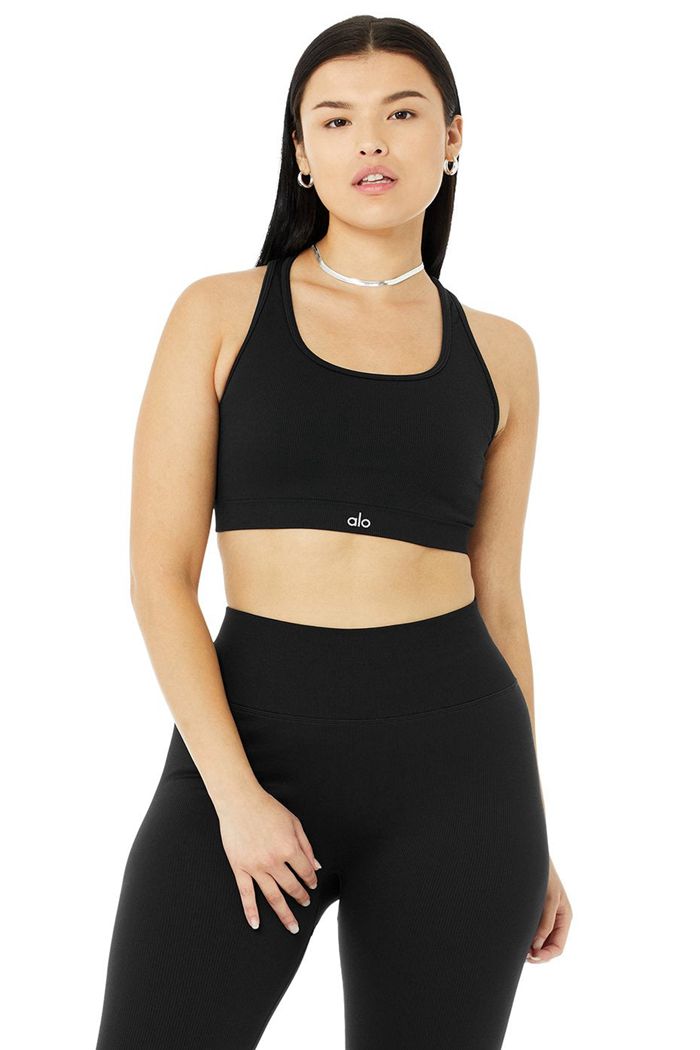 Alo Yoga Seamless Ribbed Women's Bras Black | 17UKSJHRE