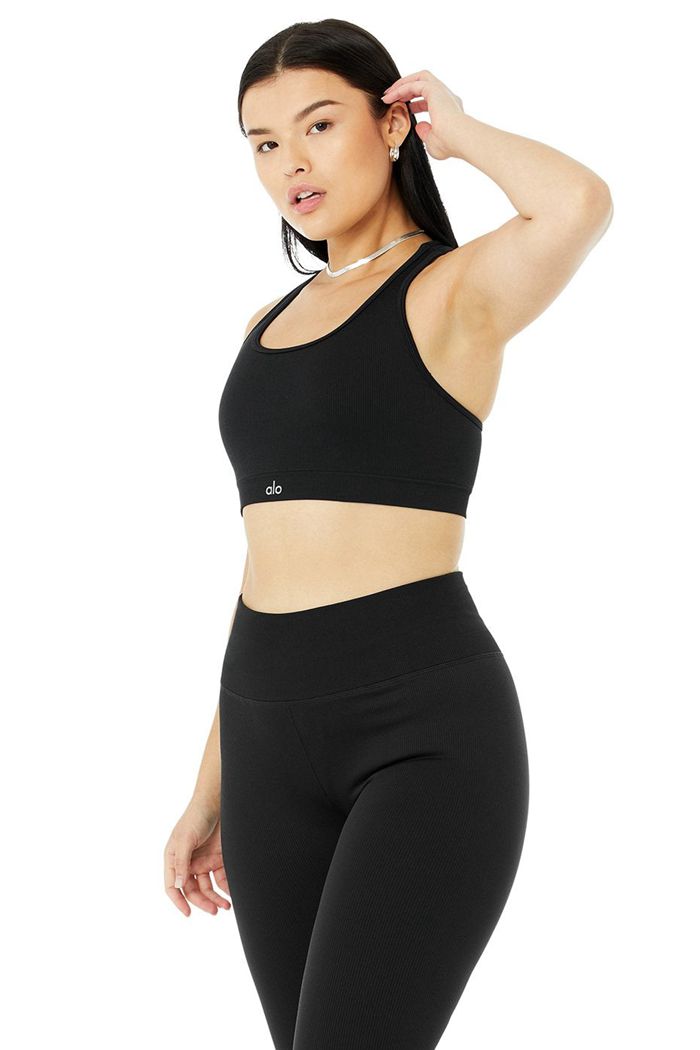 Alo Yoga Seamless Ribbed Women's Bras Black | 17UKSJHRE