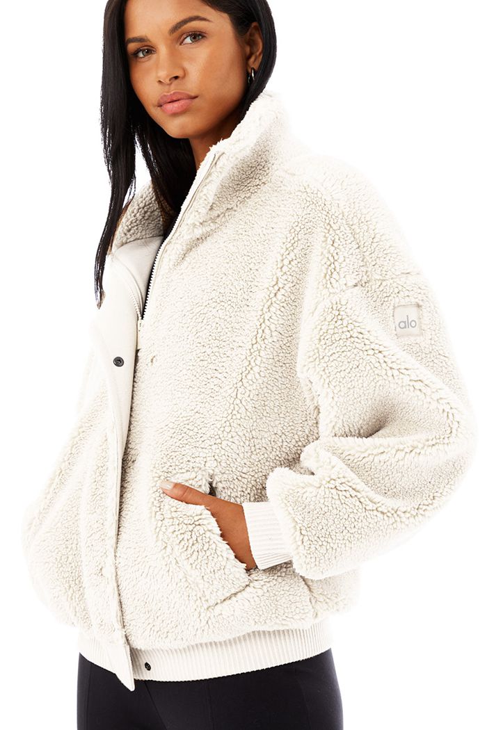 Alo Yoga Sherpa Varsity Women's Jackets White | 67IXLKJTN