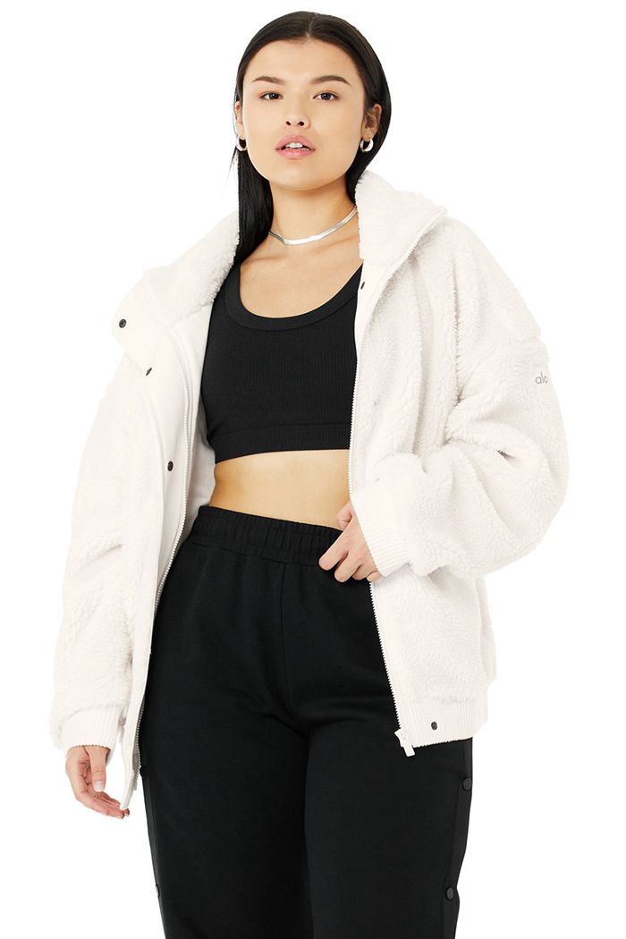 Alo Yoga Sherpa Varsity Women's Jackets White | 67IXLKJTN