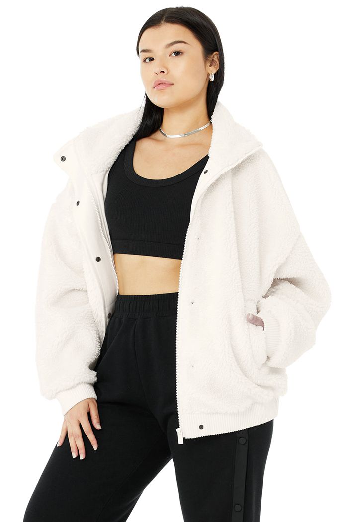 Alo Yoga Sherpa Varsity Women's Jackets White | 67IXLKJTN