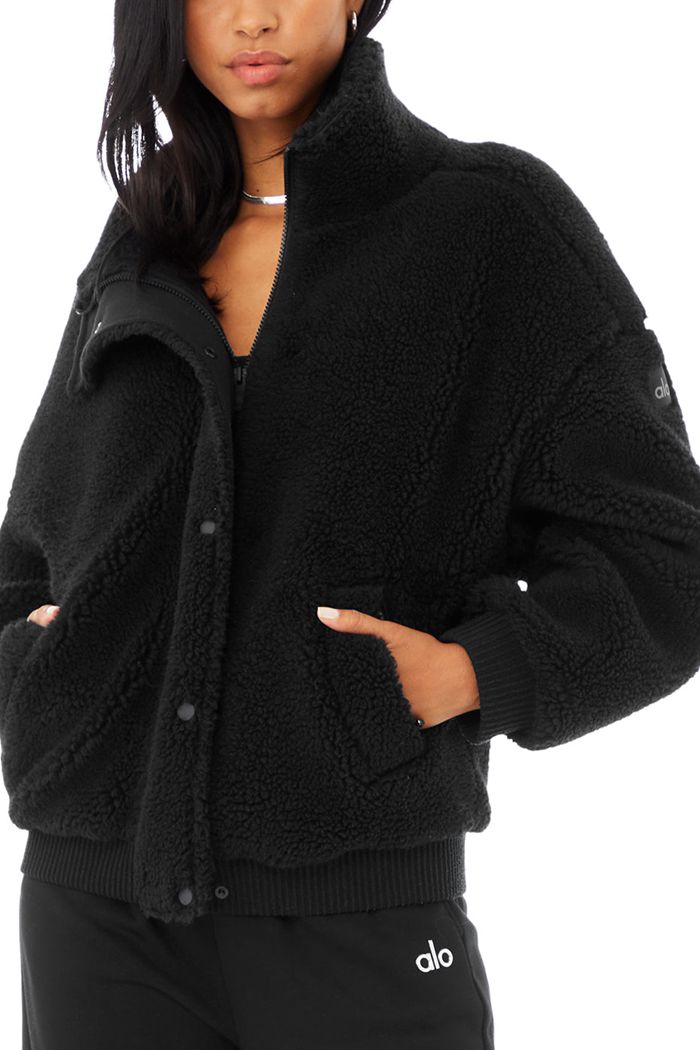 Alo Yoga Sherpa Varsity Women's Jackets Black | 87HKMRWTA