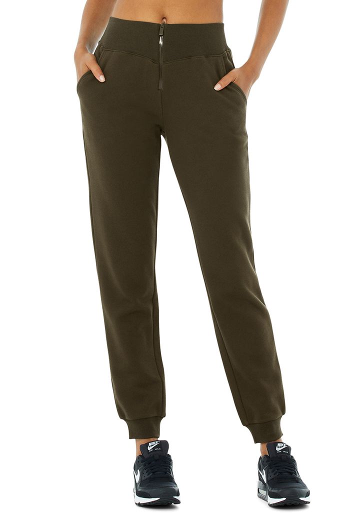 Alo Yoga Slick Zip Front Sweat Women\'s Pants Dark Olive | 73SBFVGLN