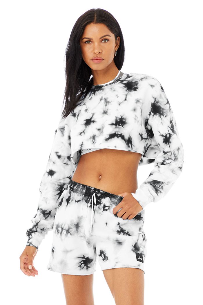 Alo Yoga Tie-Dye Extreme Crop Crew Neck Women\'s Long Sleeve Black White | 18JAEQYRM