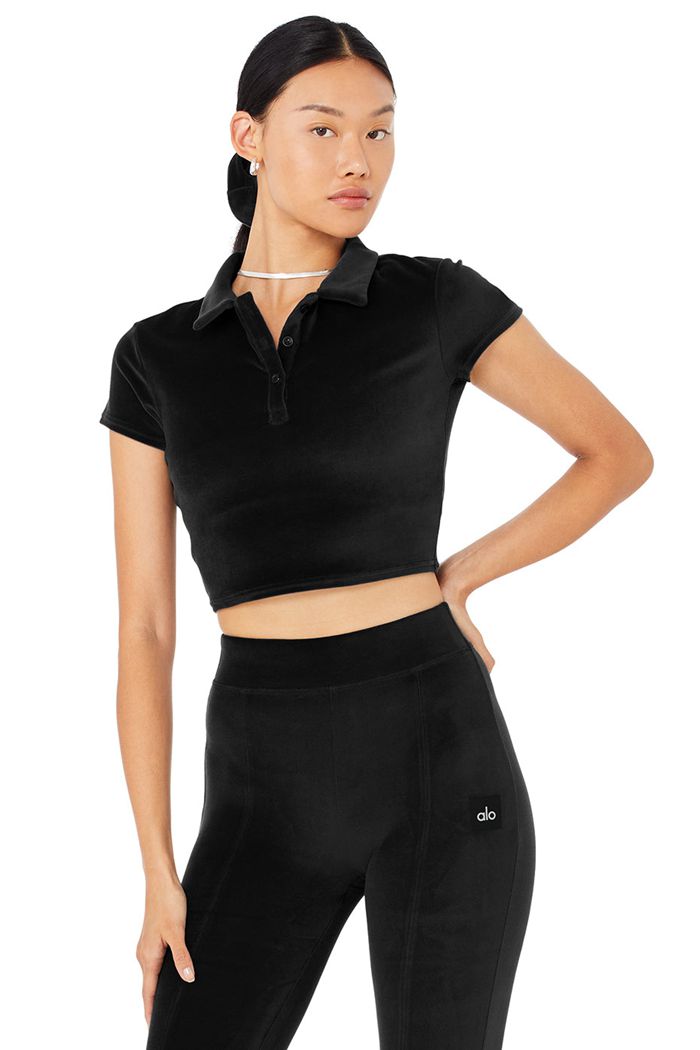 Alo Yoga Velour Choice Polo Women\'s Short Sleeve Black | 40DVAYGCU