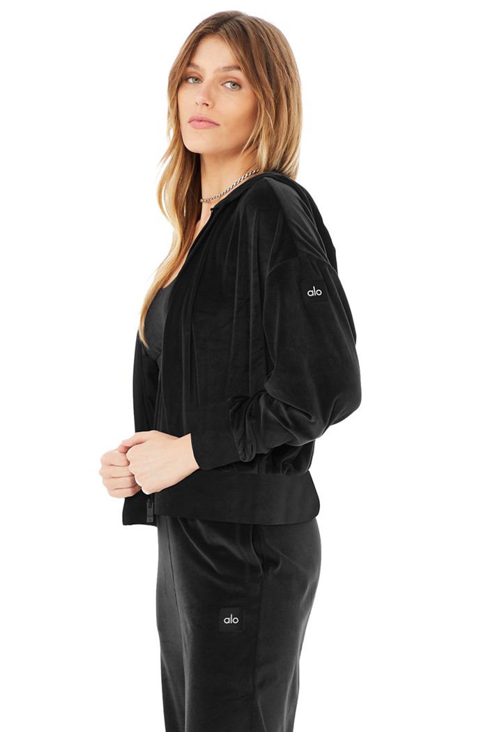 Alo Yoga Velour Glimmer Full Zip Women's Hoodie Black | 67PGYIEZM