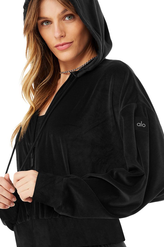 Alo Yoga Velour Glimmer Full Zip Women's Hoodie Black | 67PGYIEZM