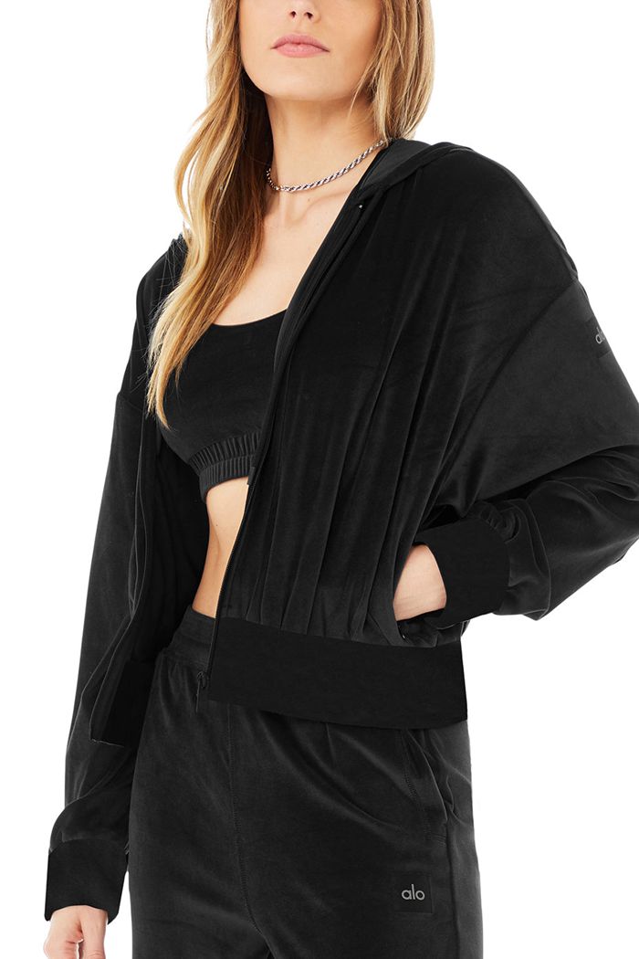 Alo Yoga Velour Glimmer Full Zip Women's Hoodie Black | 67PGYIEZM