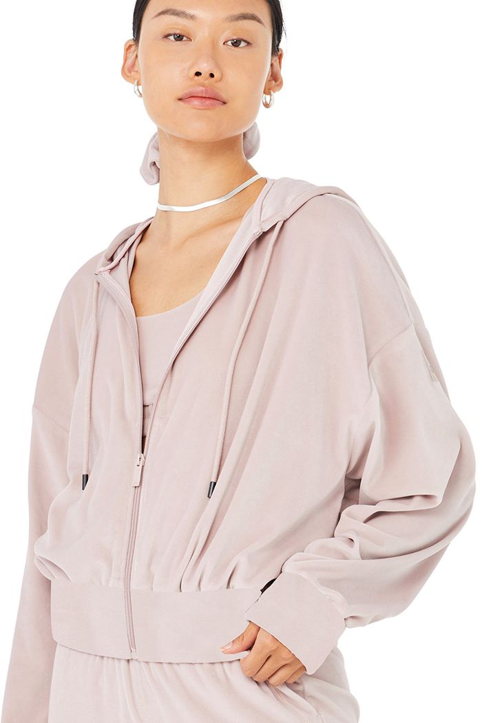 Alo Yoga Velour Glimmer Full Zip Women's Hoodie Pink | 78RKIJLMP