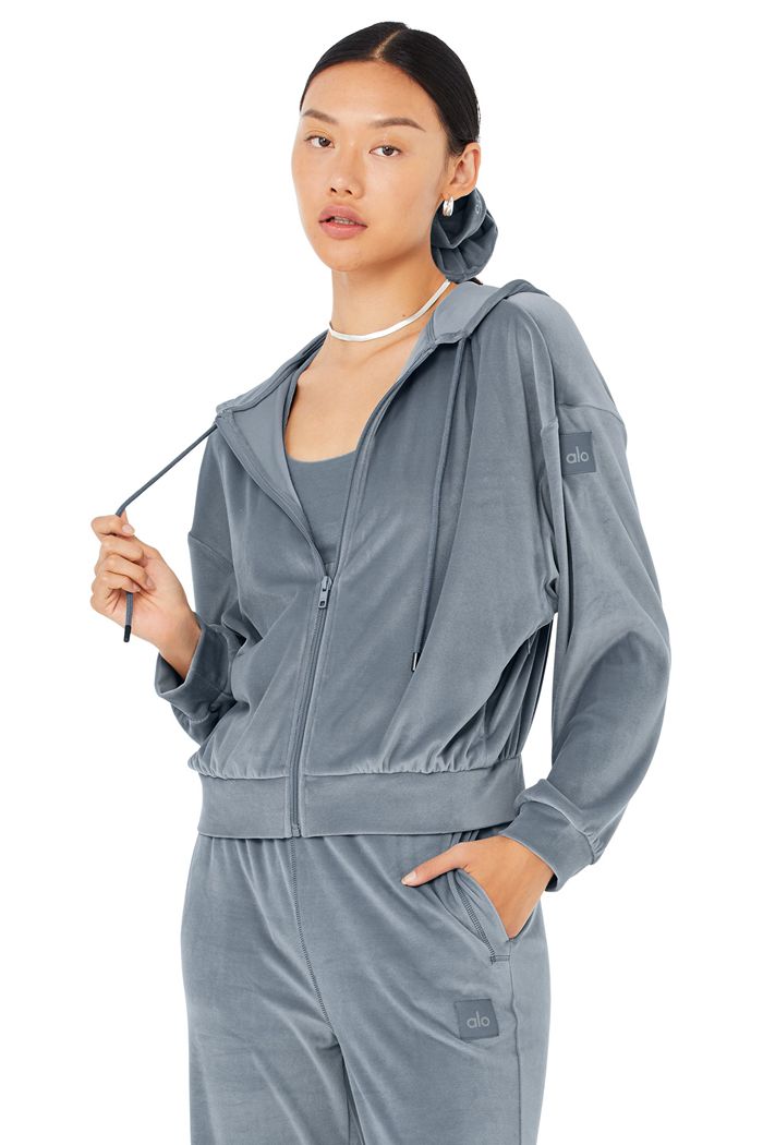 Alo Yoga Velour Glimmer Full Zip Women's Hoodie Grey | 83BOZMXKJ