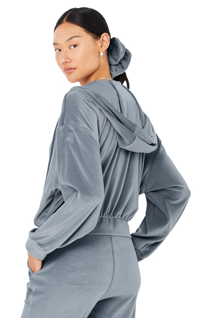 Alo Yoga Velour Glimmer Full Zip Women's Hoodie Grey | 83BOZMXKJ