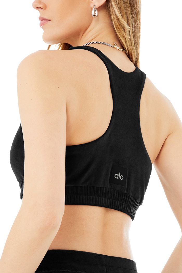 Alo Yoga Velour Glimmer Scoop Neck Women's Bras Black | 67GODWFQS