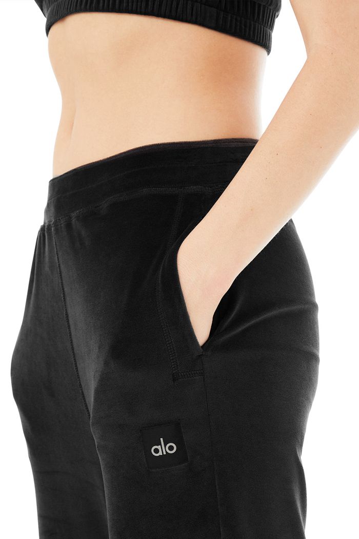 Alo Yoga Velour High-Waist Glimmer Wide Leg Women's Pants Black | 69EUYRGXW